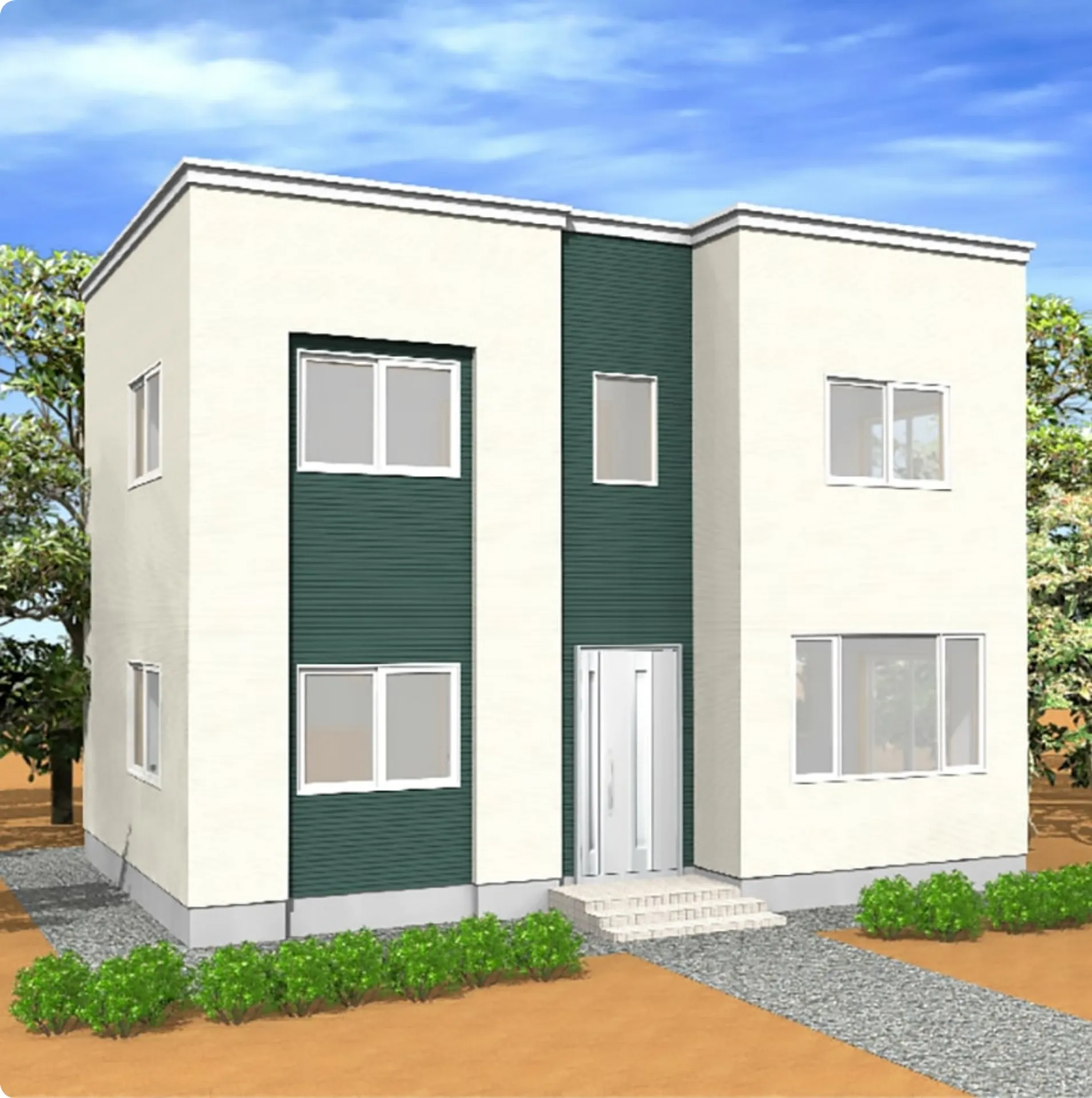 ホワイトとグリーンの外壁が特徴的な四角いスタンダードプラン住宅外観