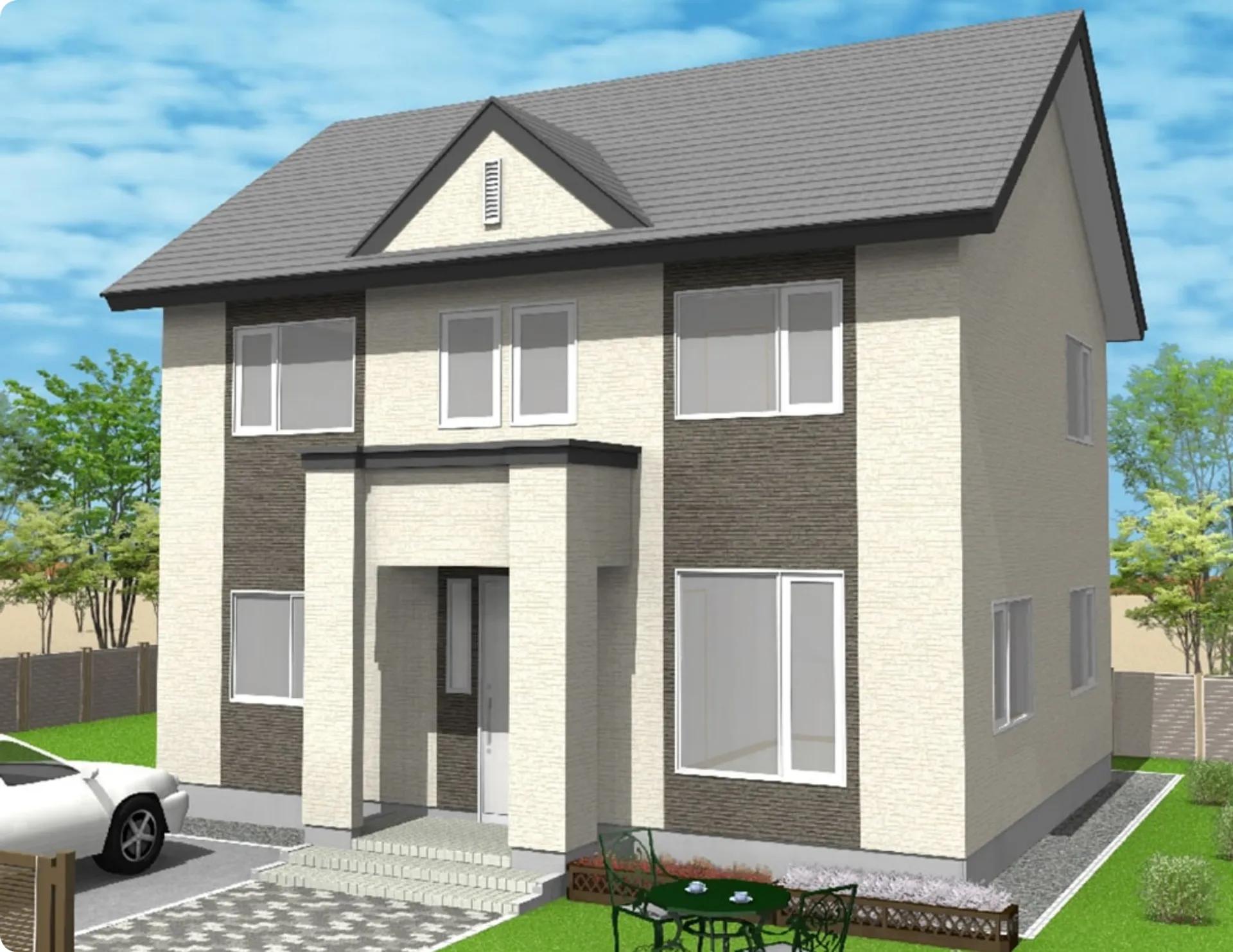 落ち着いたブラウンとベージュのツートーン外壁の広々とした二階建て住宅外観